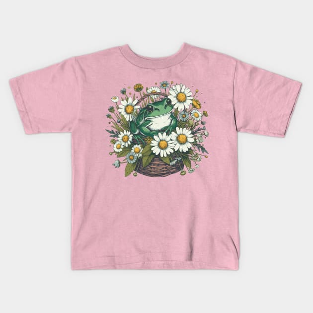 Cottagecore Frog in a Basket Kids T-Shirt by Heartsake